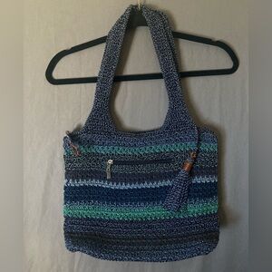 The Sak Crocheted Blue Multi Shoulder Handbag Zipper Pockets